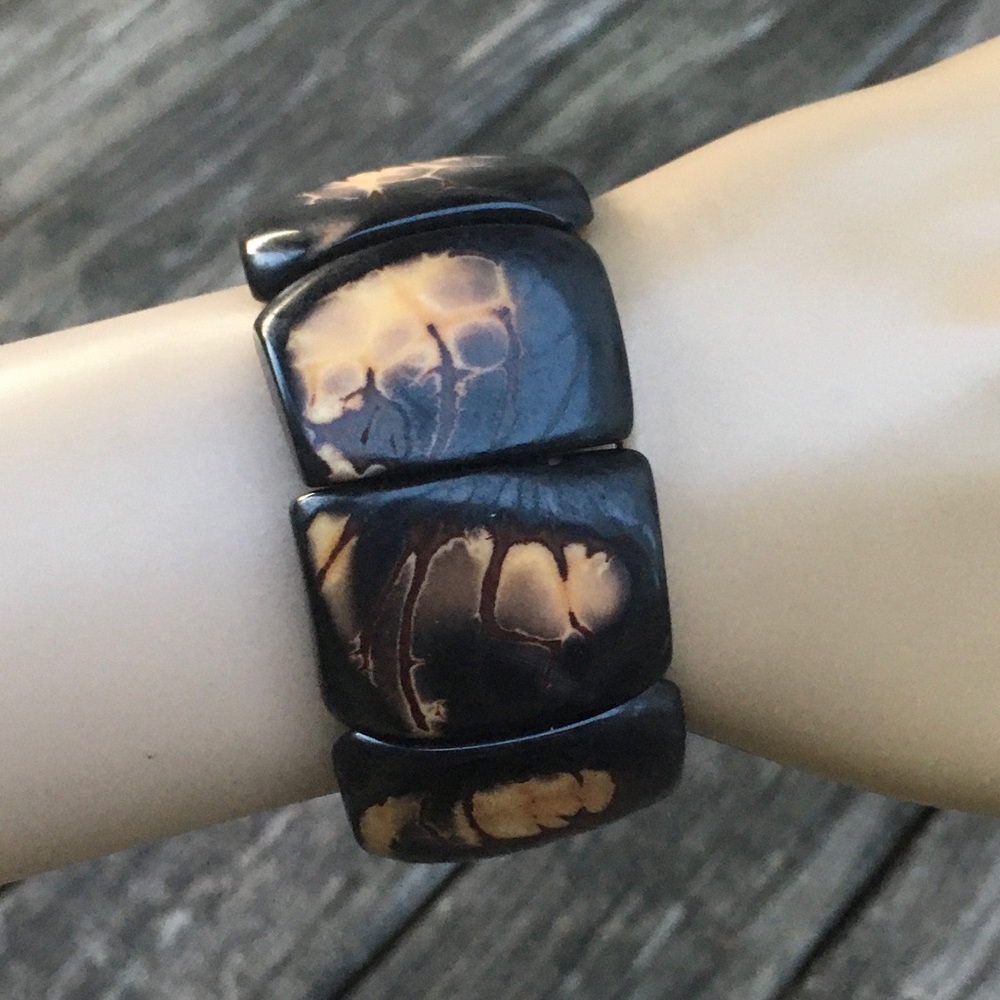 Tagua Nut Brown and Tan Chunky Stretchable Bracelet Organic Jewlery